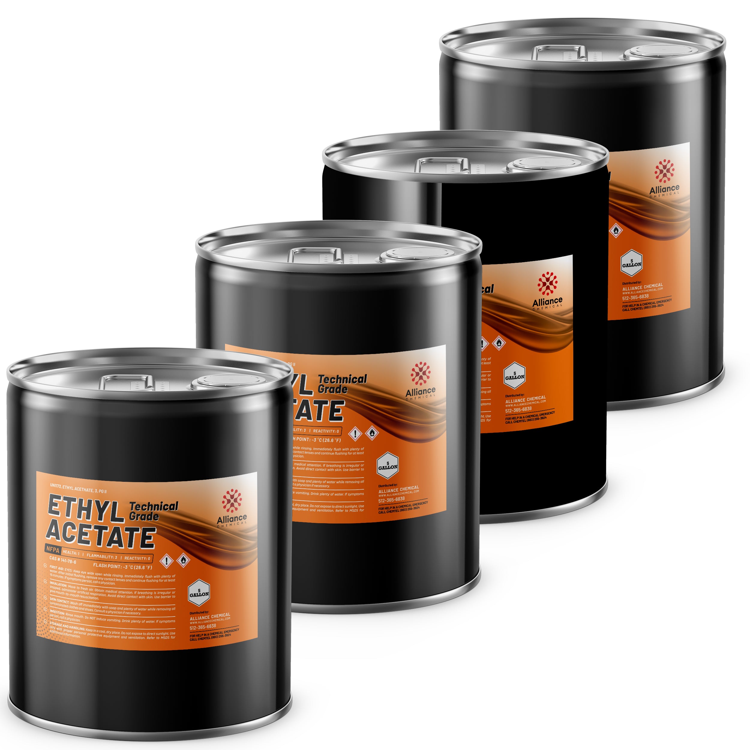 4x5-gallon drums of Technical Grade Ethyl Acetate solvent in black steel containers with orange Alliance Chemical labels, UN hazard symbols 1 and 6.